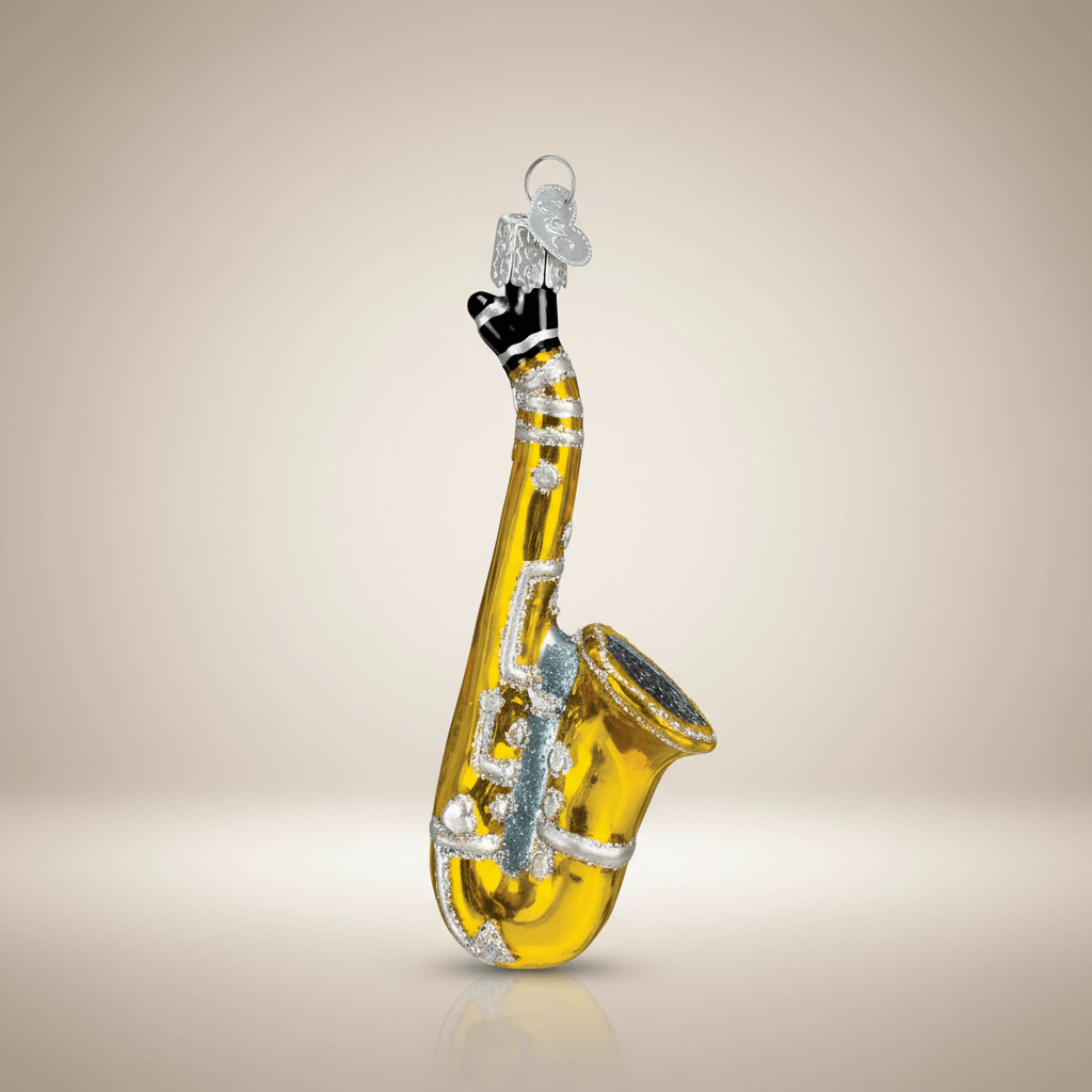 Gold Glass Saxophone Christmas Ornament showcasing musical elegance and charm