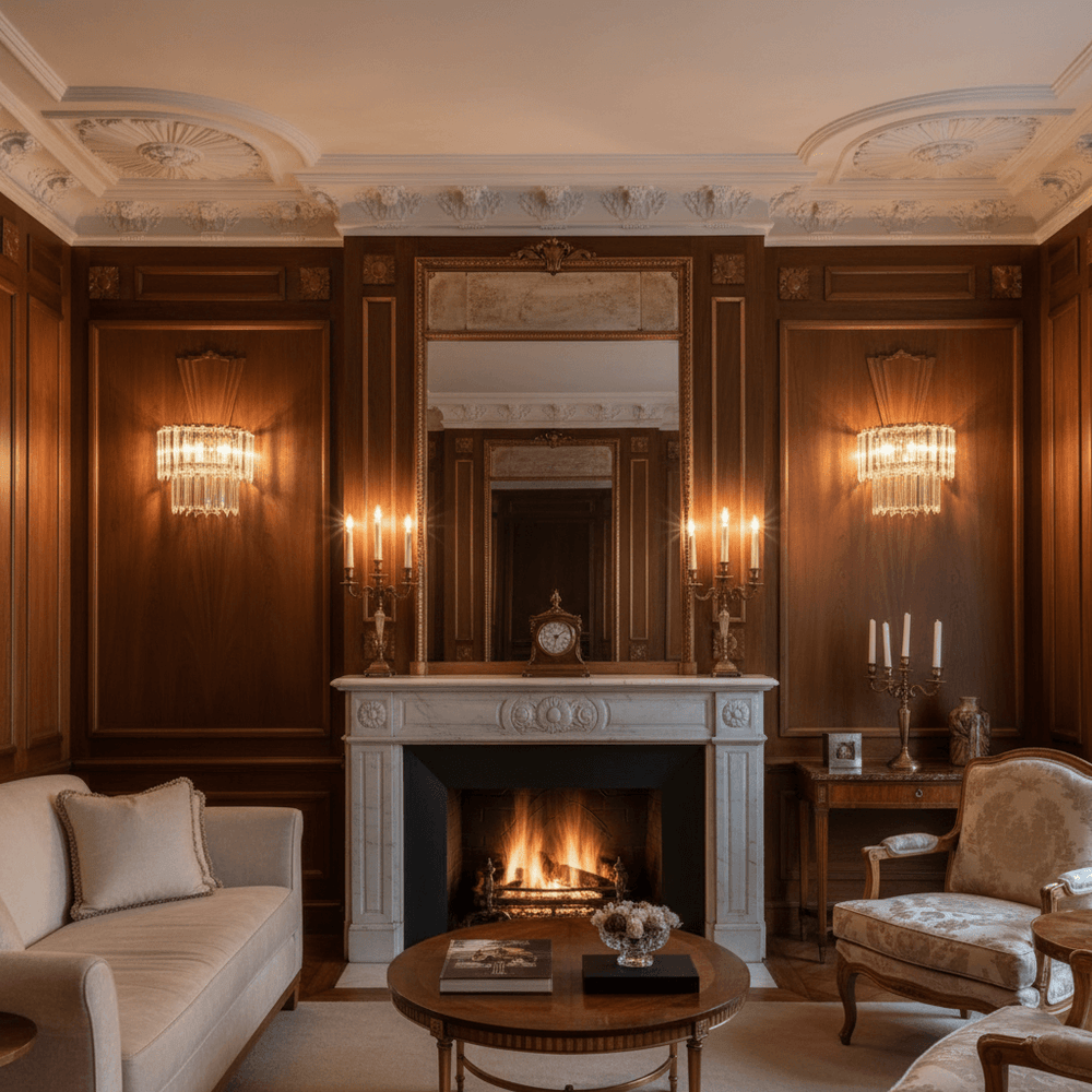 Luxurious living room featuring Italian Clear Glass and Polished Brass Wall Sconce with vintage appeal against elegant wood paneling.