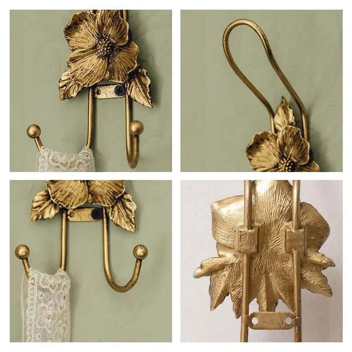 Detailed front side and back views of a sculpted gold iron flower wall hook