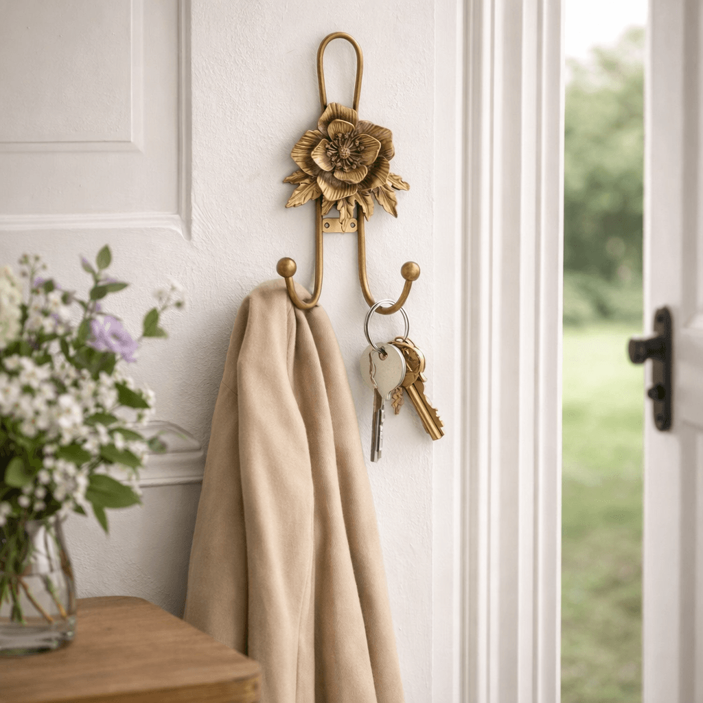 Gold iron flower wall hook holding a linen wrap and keys in a bright cottage entry