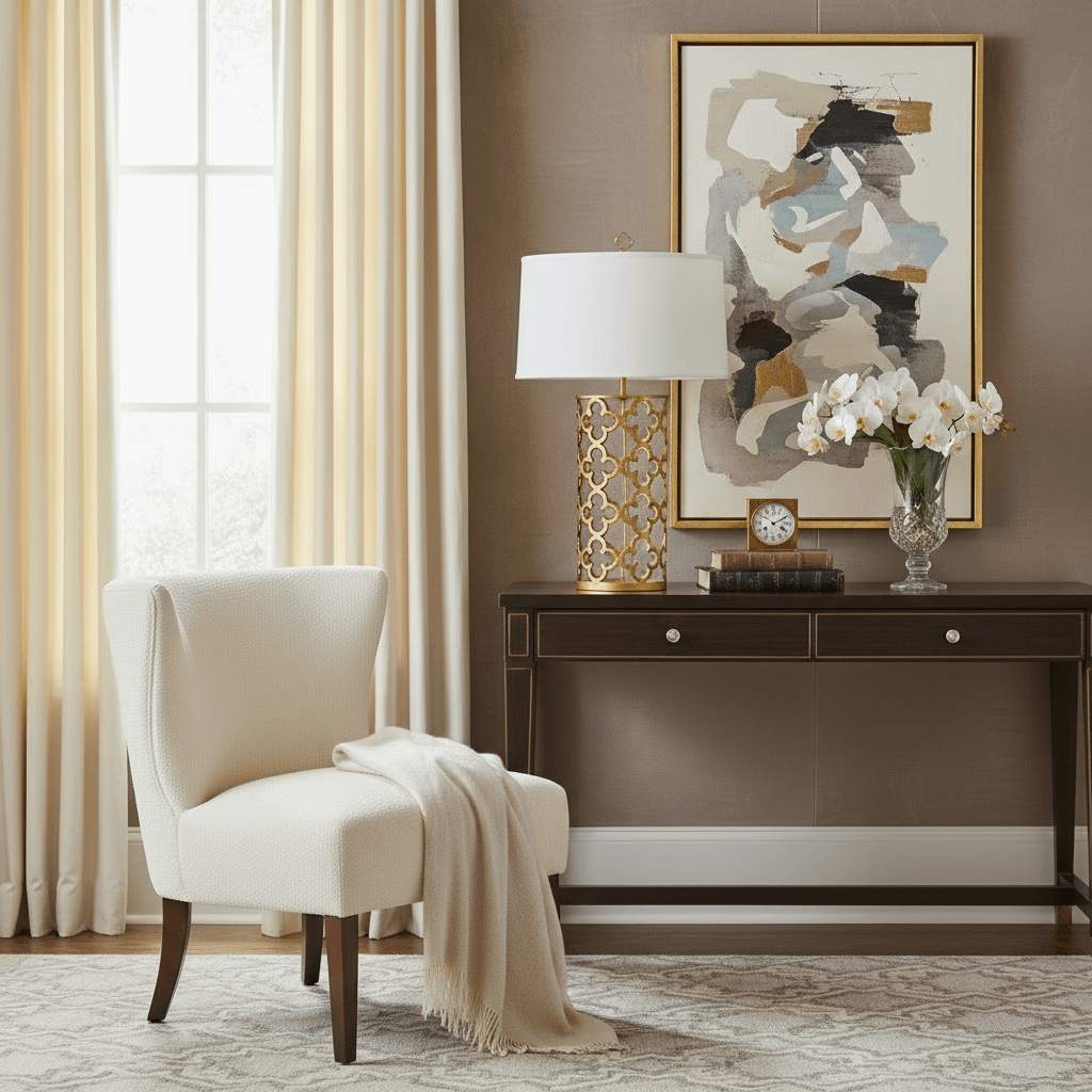 Gold table lamp with white shade, chair and flowers in luxurious living room