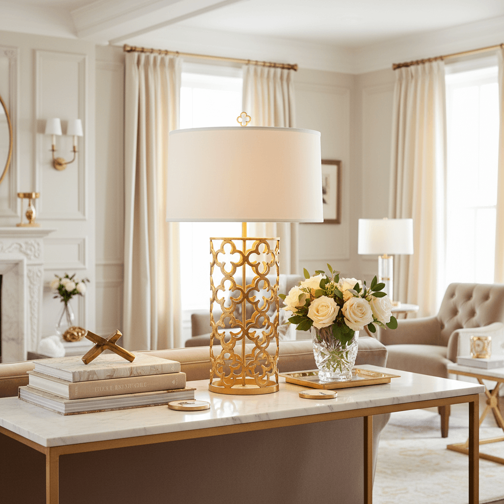 Gold table lamp with white shade in luxurious living room