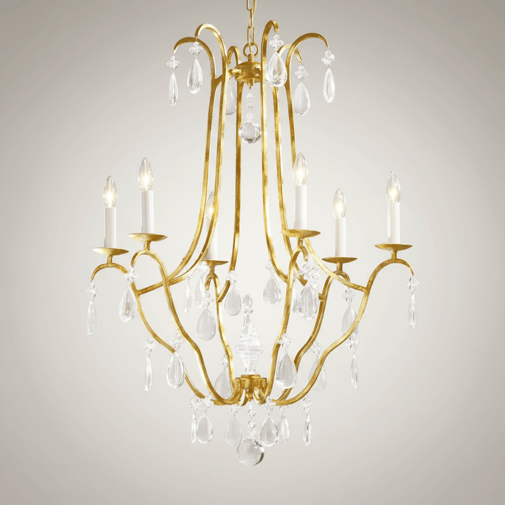 Italian Handcrafted Gold Leaf Chandelier with Crystal Drops
