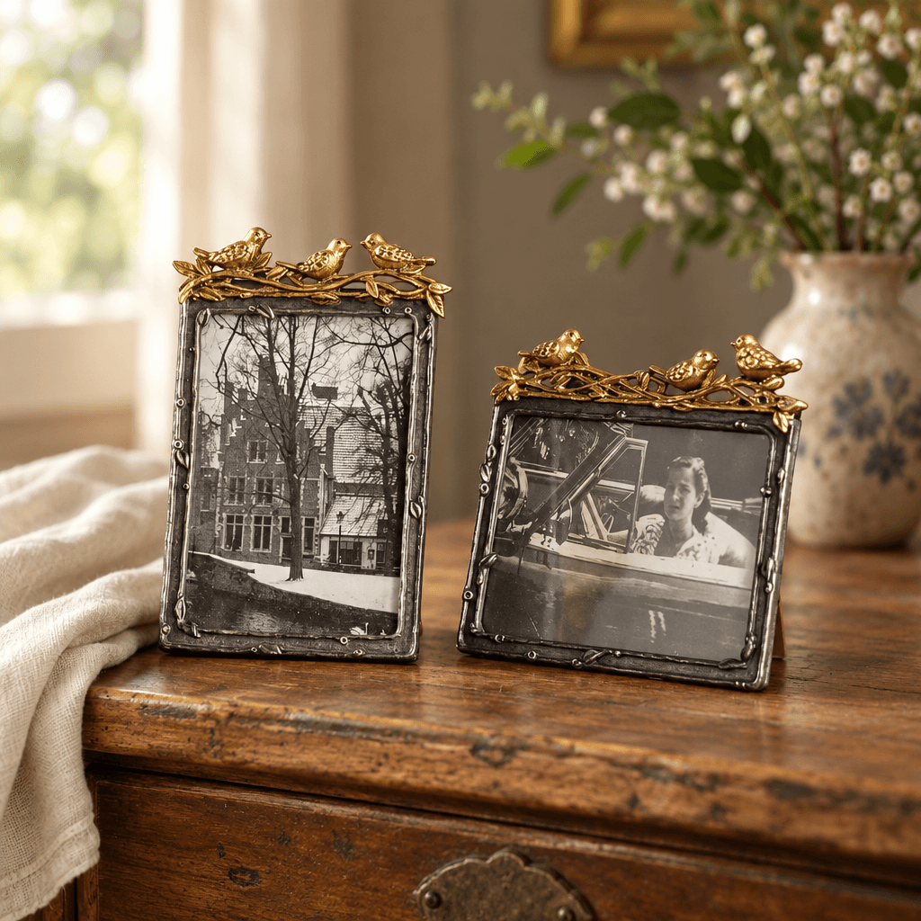 Pewter photo frames with gold-leaf birds and black-and-white inserts styled on a wooden console.