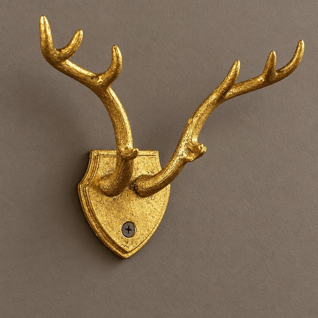 Close detail of branching cast iron antlers, textured gold-leaf finish, and shield-shaped backplate.