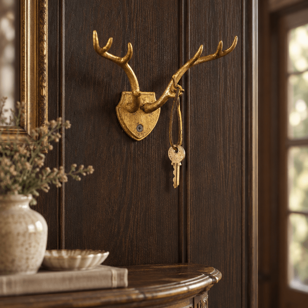Gold-leaf antler wall hook holding keys on dark wood paneling in an entryway.