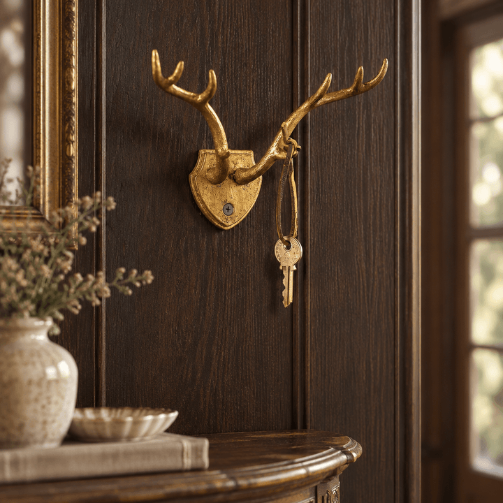 Gold-leaf antler wall hook holding keys on dark wood paneling in an entryway.