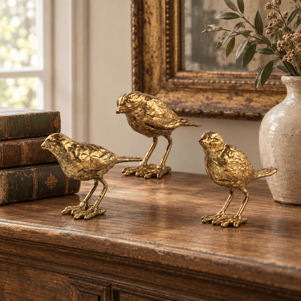 Three gold-leaf bird figurines styled on a wooden mantel beside books and a ceramic vase.