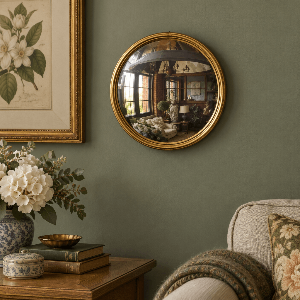Gold Leaf Convex Bullseye Mirror on a sage sitting-room wall beside botanical artwork