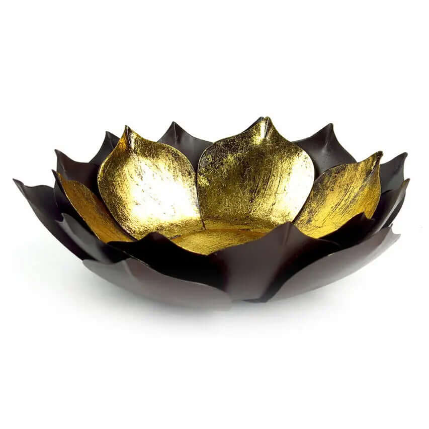 Layered dark metal lotus candle bowl with textured gold-leaf interior on white