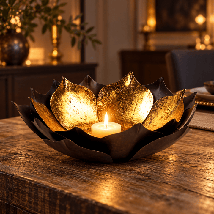 Gold-leaf lotus candle bowl with a lit votive on a weathered wood dining console