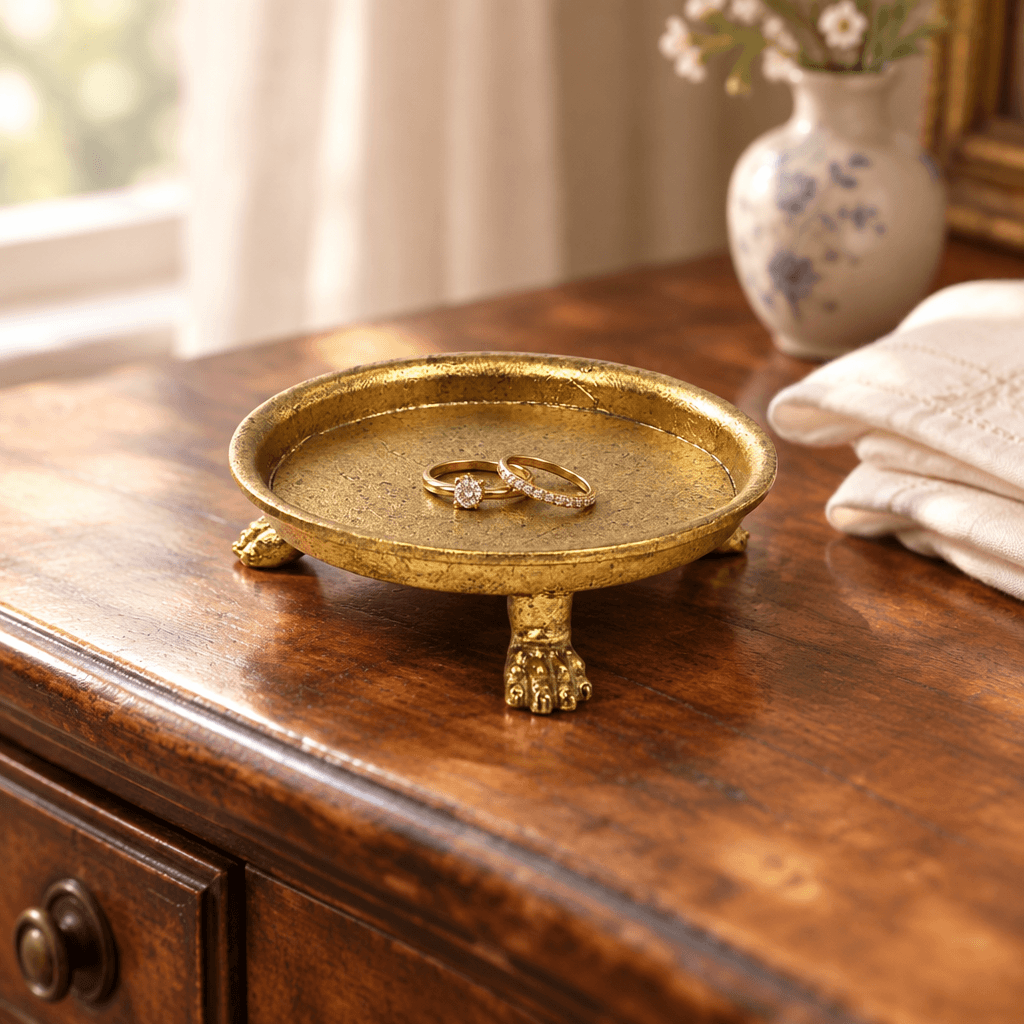 Gold-leaf pewter claw-foot dish styled with rings on a wooden dressing table beside ivory linen.