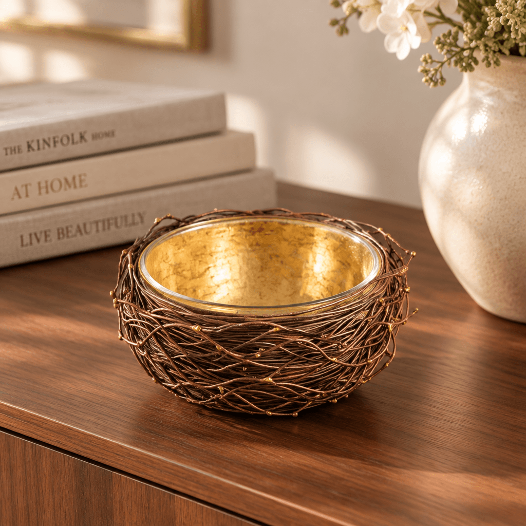 Gold-leafed metal nest bowl with glass liner styled on a walnut console beside books.