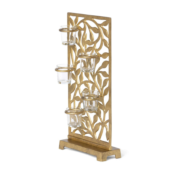 Gold Metal Jasmine Vine Votive Candle Holder with Glass Cups featuring intricate leaf design.
