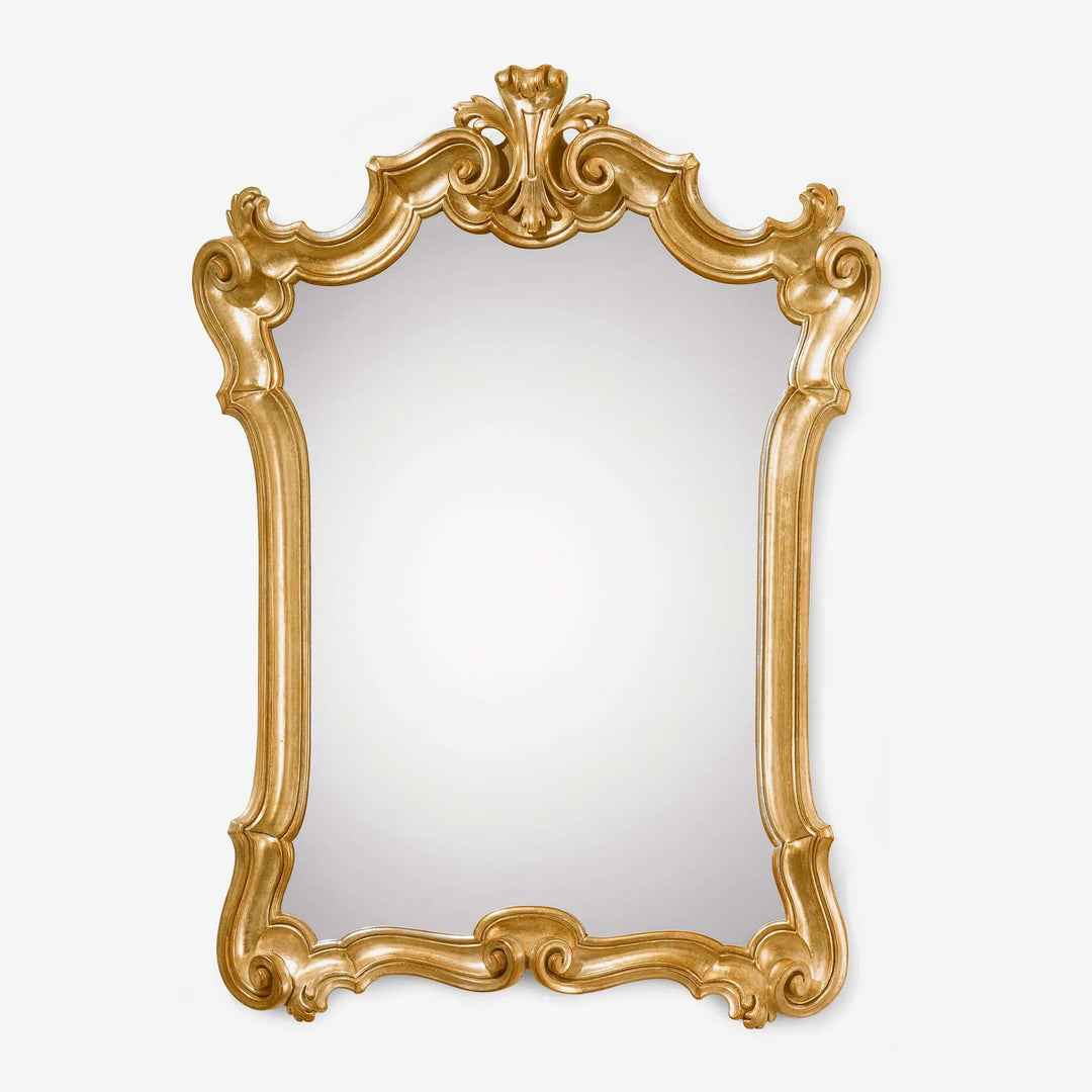 Vintage Italian Baroque Carved Wood Gold Mirror with ornate design and antique gold leaf finish, perfect for elegant home decor.