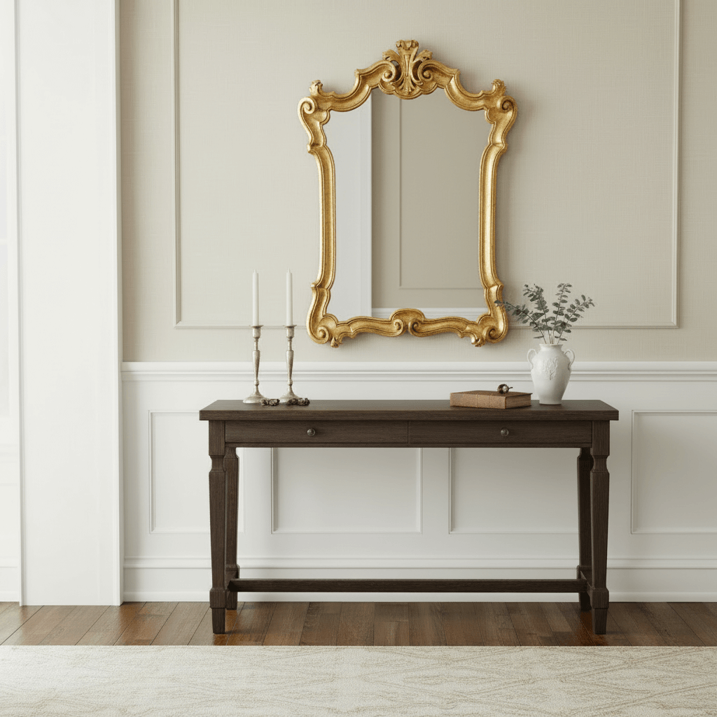 Vintage Italian Baroque Carved Wood Gold Mirror hanging above a classic wooden console table in an elegant room setting