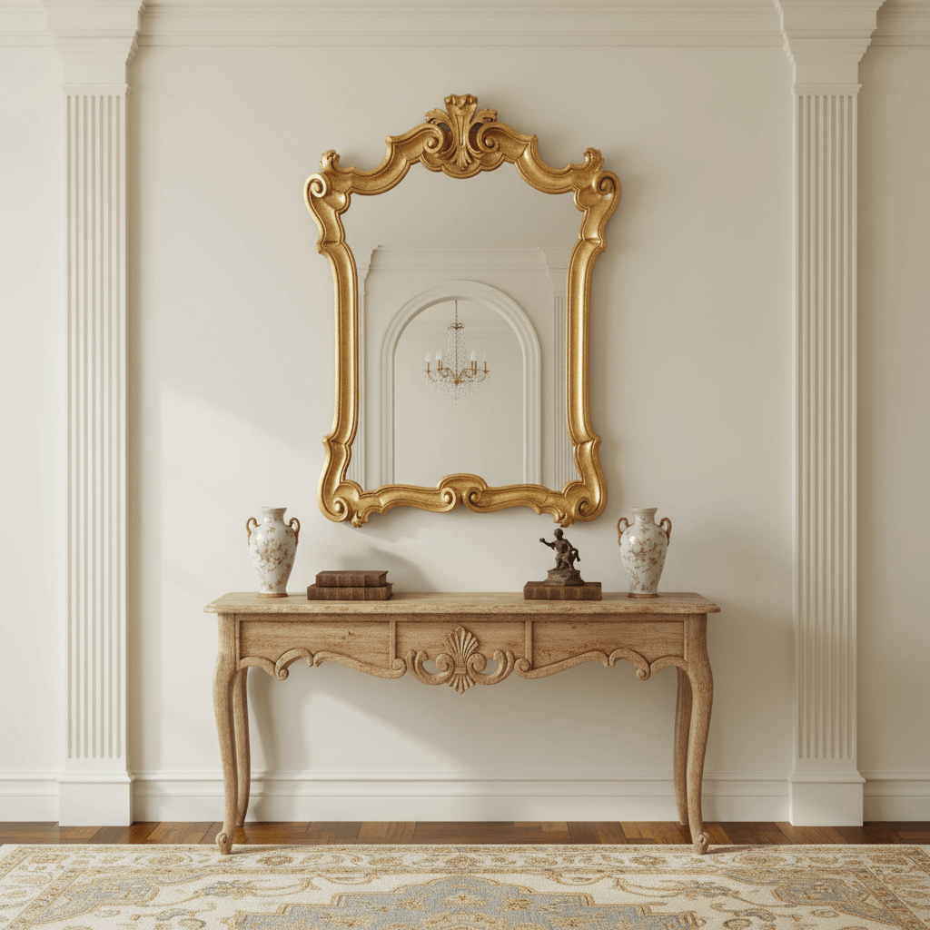 Vintage Italian Baroque Carved Wood Gold Mirror hanging above an elegant console table in a traditional interior setting.