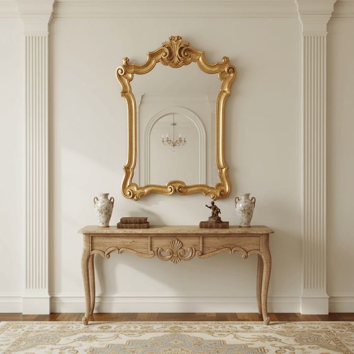 Vintage Italian Baroque Carved Wood Gold Mirror hanging above an elegant console table in a traditional interior setting.