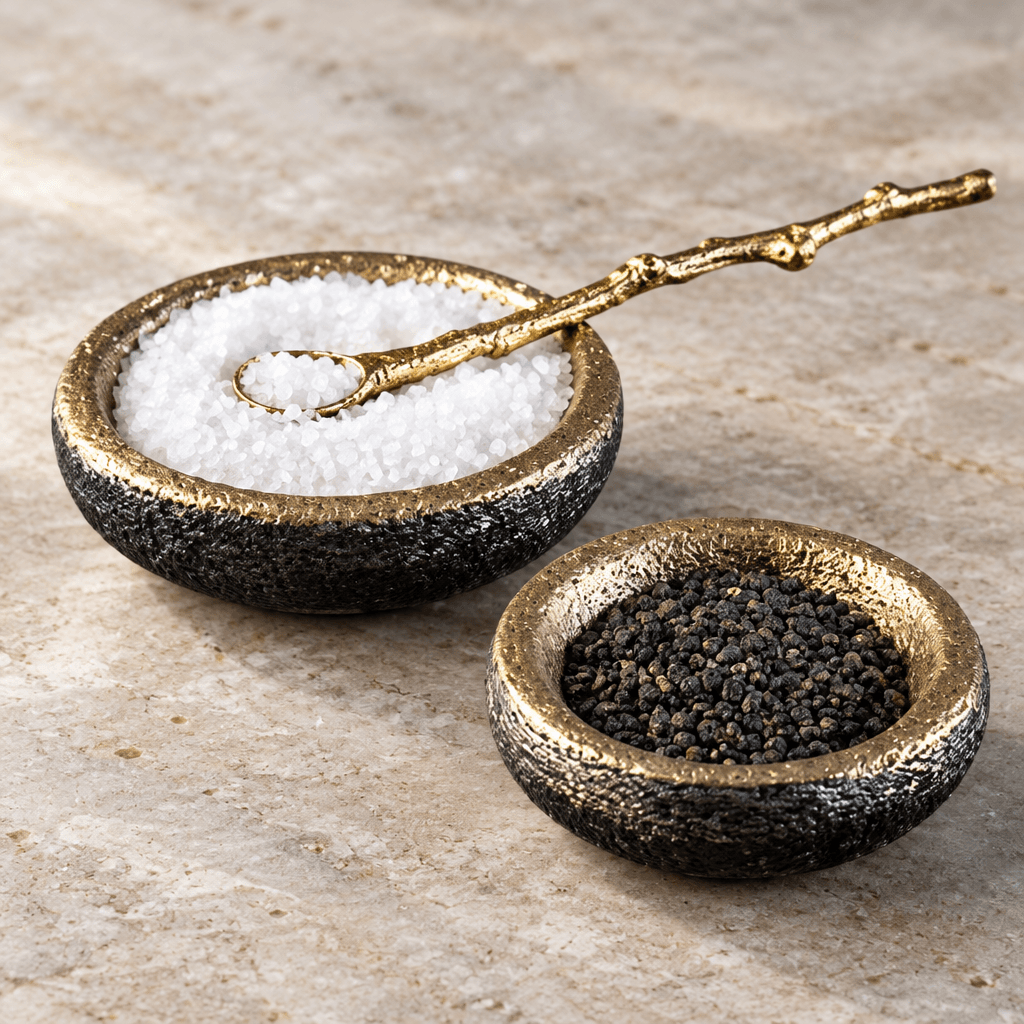 Detail of textured gold-toned salt and pepper bowls and a slender spoon on a pale stone surface