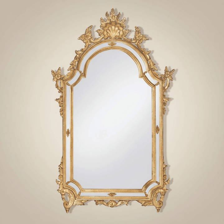 Italian Rococo Ornate Gold Wall Mirror with detailed gilded wood design, reflecting 18th-century craftsmanship and luxury.