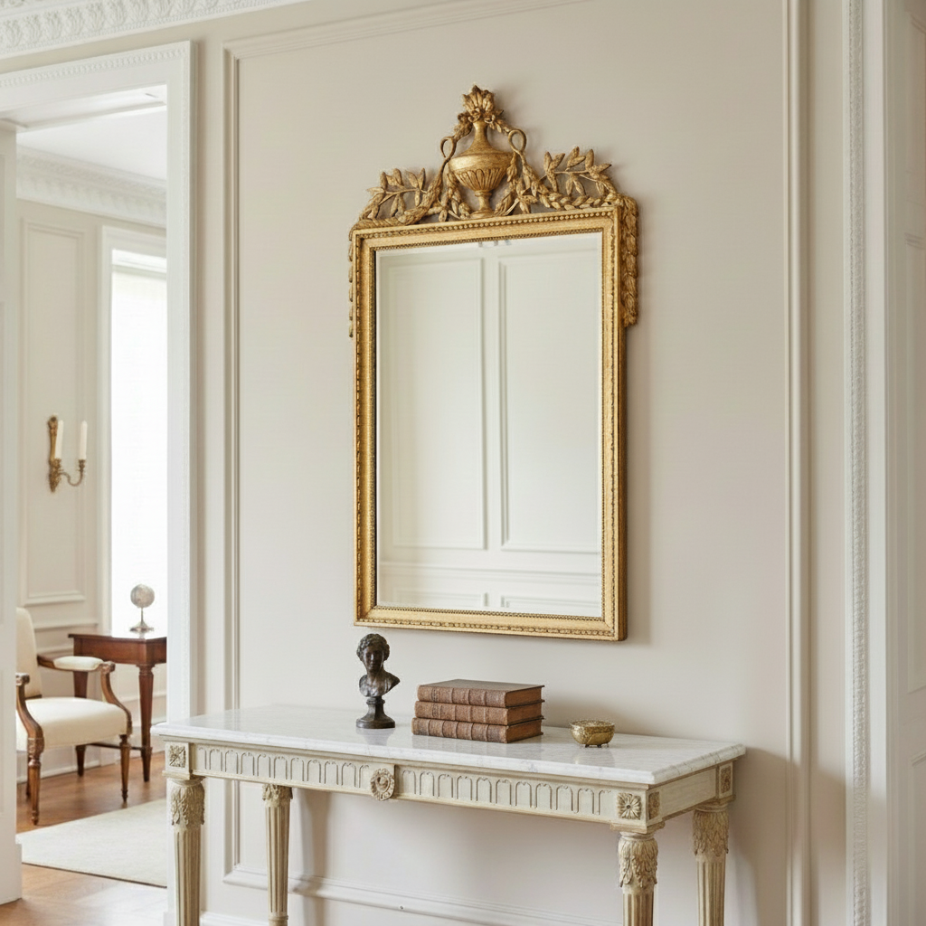 Decorative gold-framed mirror on a white wall above a marble console table.