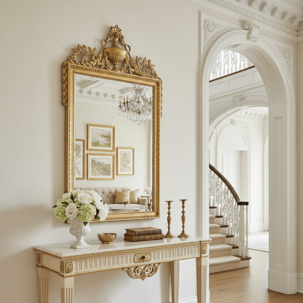 Decorative interior with a large ornate mirror, table with flowers and books, and staircase.