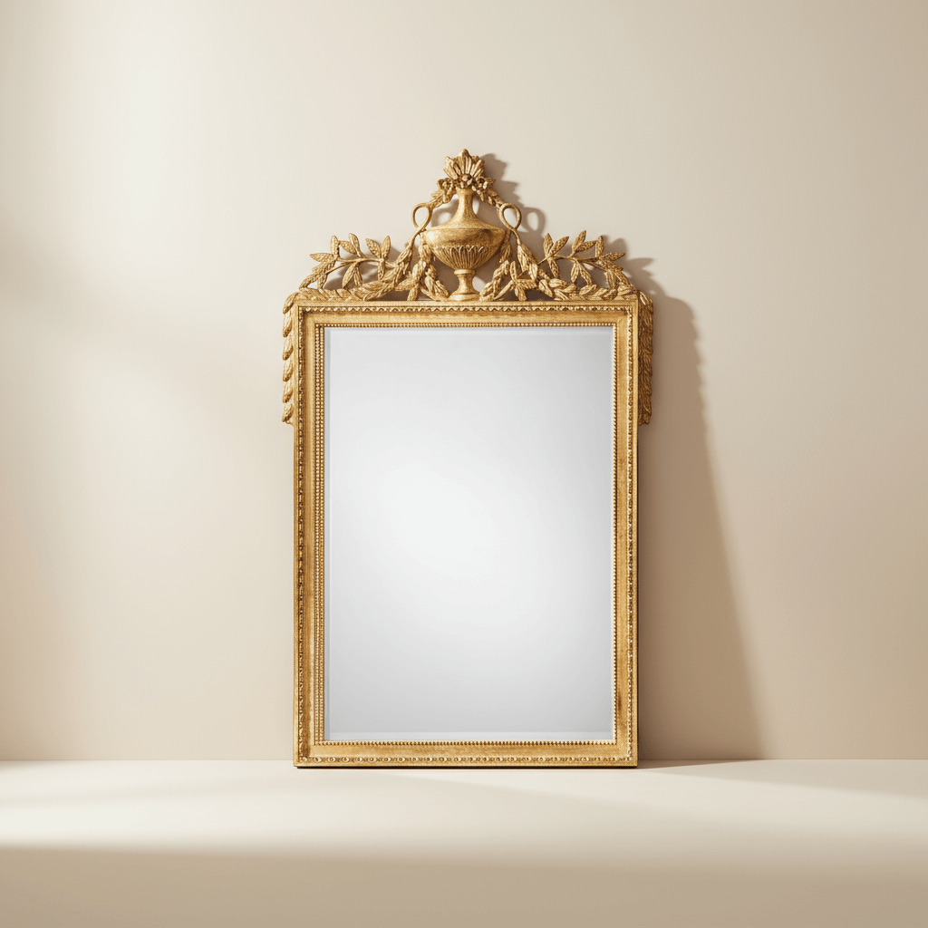 Decorative gold-framed mirror on a beige wall