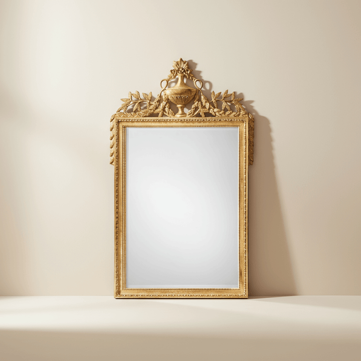 Decorative gold-framed mirror on a beige wall