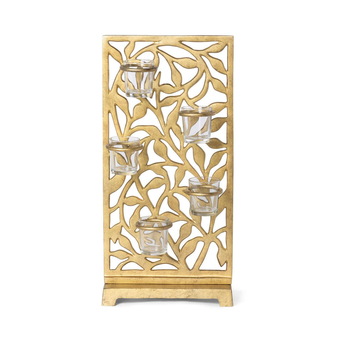 Gold Metal Jasmine Vine Votive Candle Holder with Glass Cups featuring intricate leaf cut-out design and elegant gold finish.