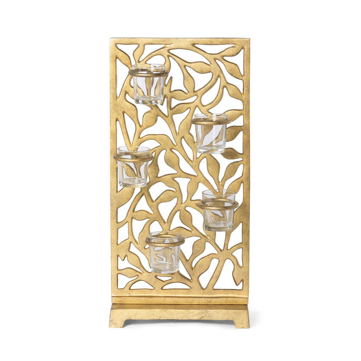 Gold Metal Jasmine Vine Votive Candle Holder with Glass Cups featuring intricate leaf cut-out design and elegant gold finish.