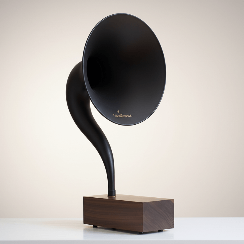 Gramovox Bluetooth Gramophone Speaker with vintage design and modern sound features, showcasing elegant 20th-century style.