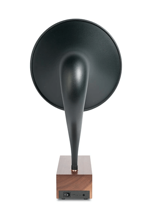 Rear view of Gramovox Bluetooth Gramophone Speaker with vintage horn design.