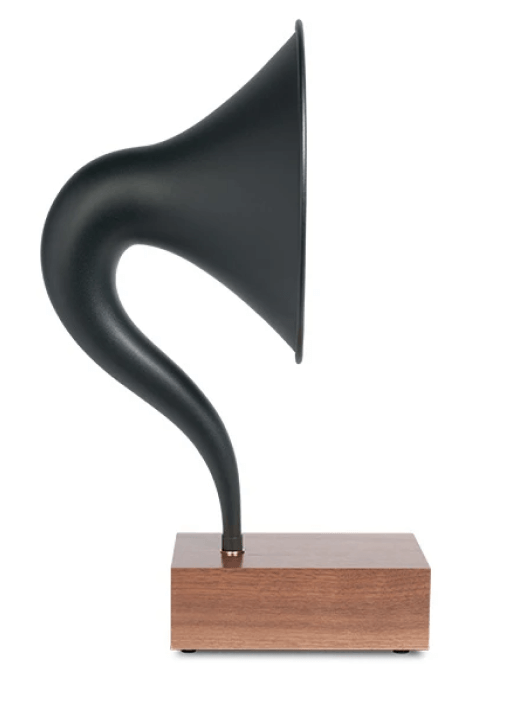 Gramovox Bluetooth Gramophone Speaker with vintage horn design and modern sound technology on a wooden base.