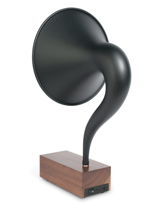 Gramovox Bluetooth Gramophone Speaker with vintage design and modern sound, side view.