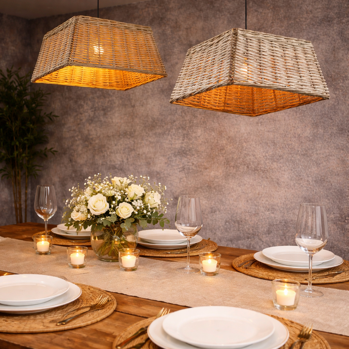 Two gray-wash willow square pendant shades above a dining table