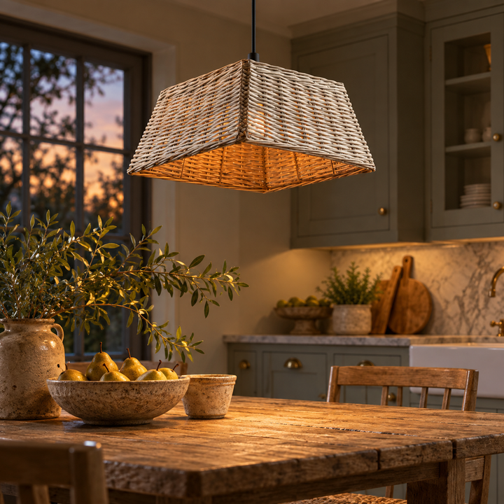 Gray willow pendant shade illuminated over a kitchen table