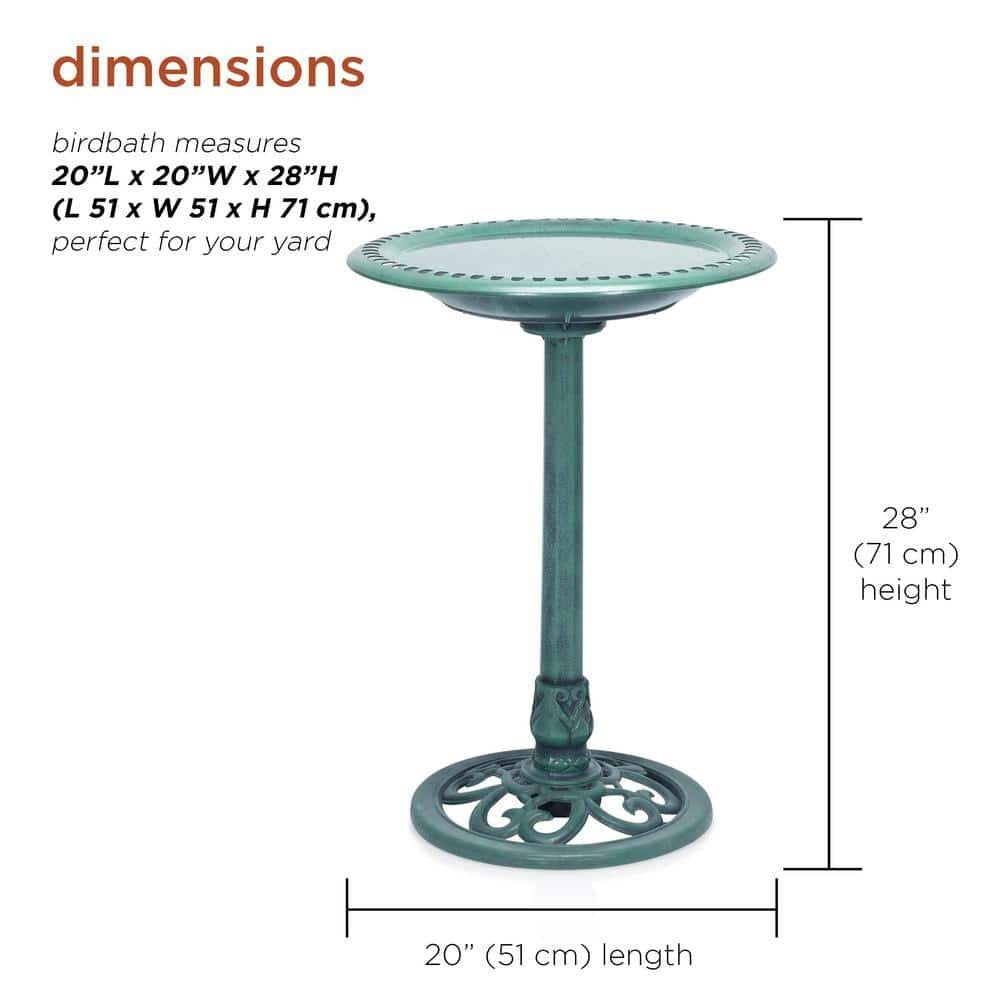 Antique Green Bronze Bird Bath with Pedestal Base showing dimensions: 20"L x 20"W x 28"H, perfect for garden decoration.