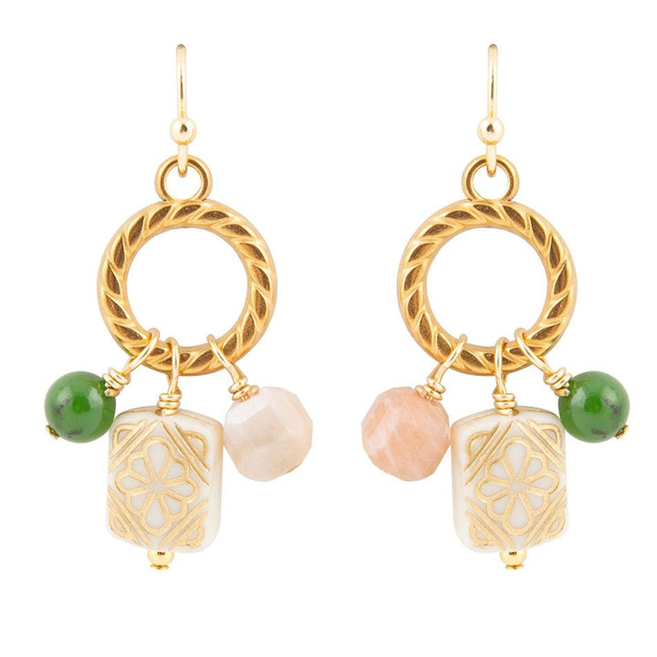 Green Jade and Pink Sunstone Golden Drop Earrings
