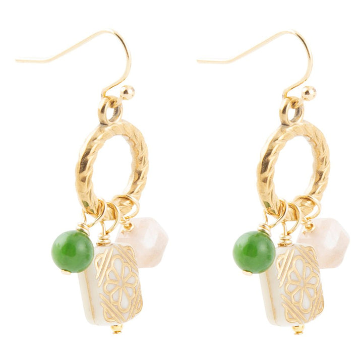 Green Jade and Pink Sunstone Golden Drop Earrings