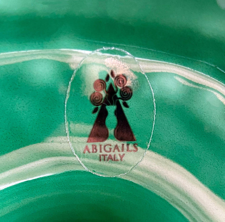 Abigails Italy logo on Green Majolica Ceramic Centerpiece Bowl with Gold Relief. Art Nouveau design.
