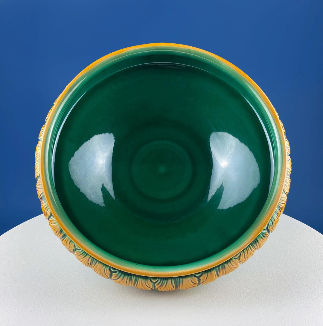 Green Majolica Ceramic Centerpiece Bowl with Gold Relief. Abigails Italy. Art Nouveau Flower Fern Jardiniere. Table Centerpiece.
