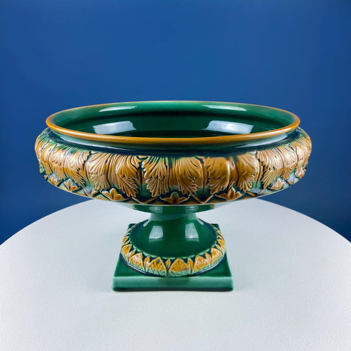 Green Majolica Ceramic Centerpiece Bowl with Gold Relief. Abigails Italy. Art Nouveau Flower Fern Jardiniere. Table Centerpiece. Dining Room Decor.