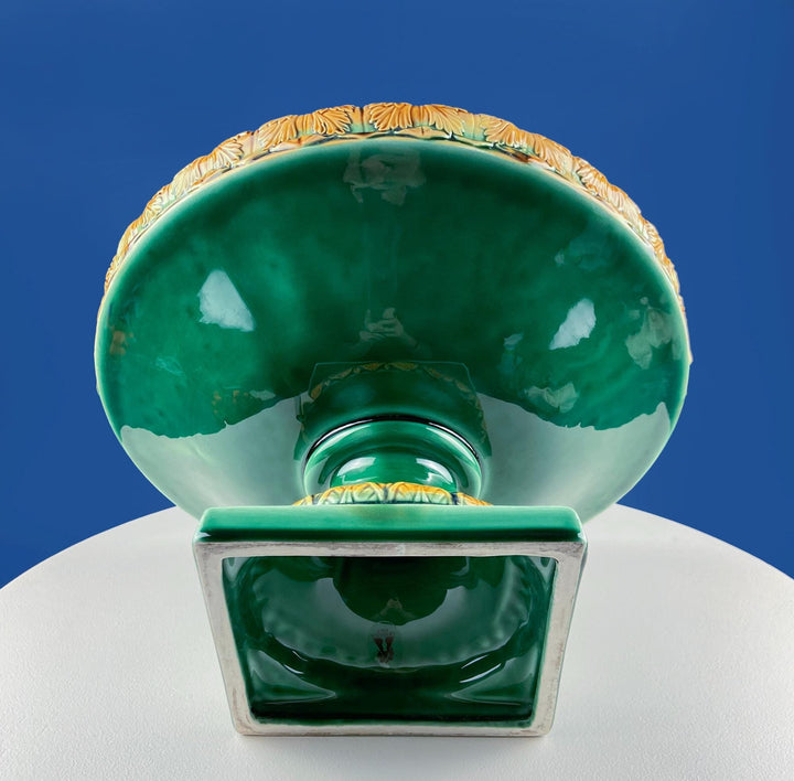 Green Majolica Ceramic Centerpiece Bowl with Gold Relief. Abigails Italy. Art Nouveau Flower Fern Jardiniere. Table Centerpiece.