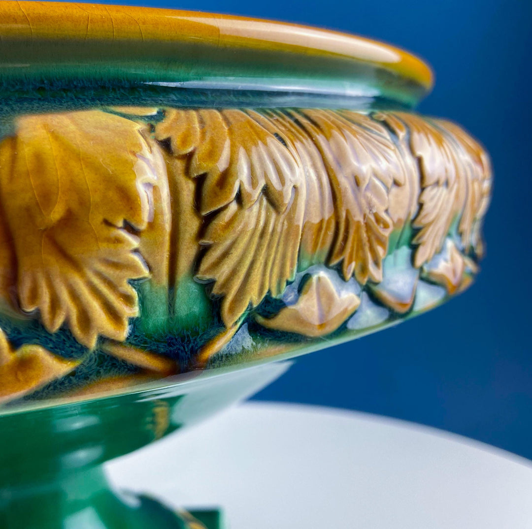 Green Majolica Ceramic Centerpiece Bowl with Gold Relief. Abigails Italy. Art Nouveau Flower Fern Jardiniere side view.