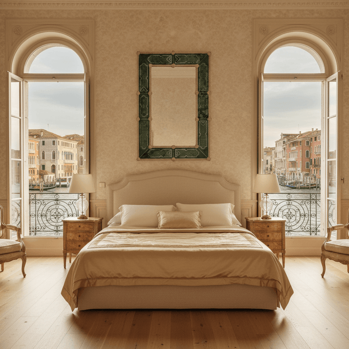 Antique Green Murano Glass Mirror with Smoke Border