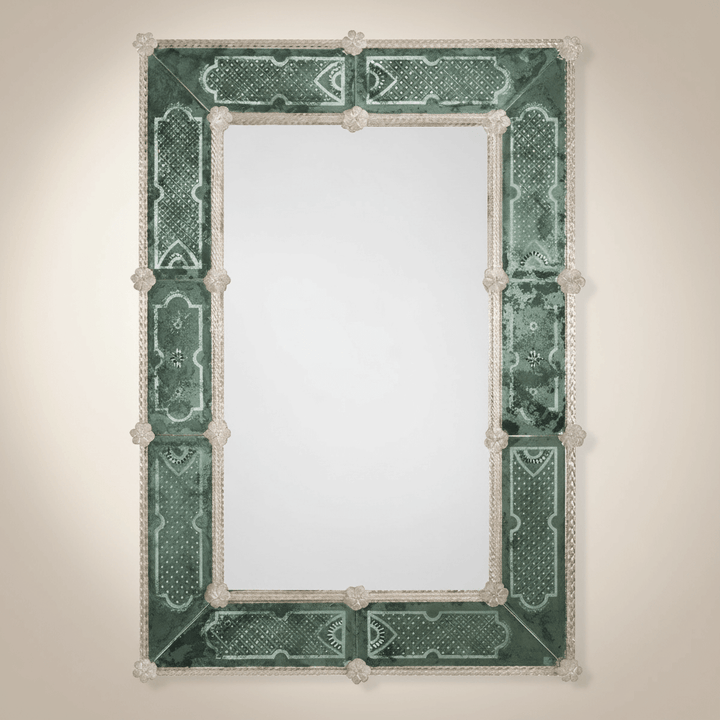 Antique Green Murano Glass Mirror with Smoke Border