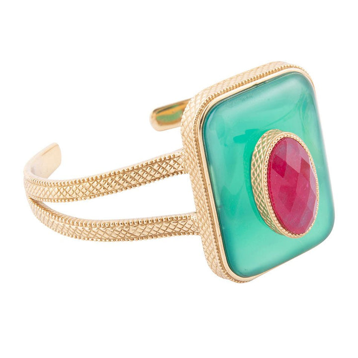 Green Onyx Stacked Red Quartz Golden Cuff Bracelet