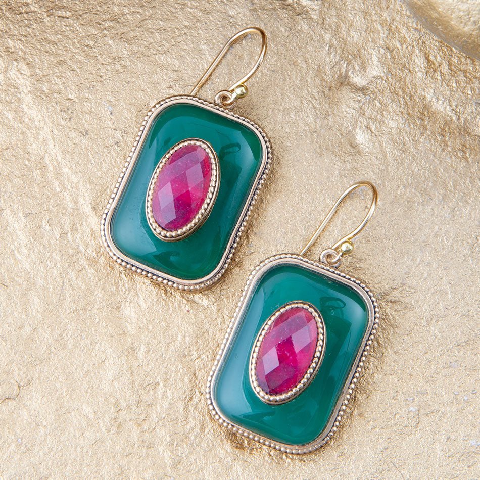 Green Onyx Stacked Red Stone Golden Drop Earrings