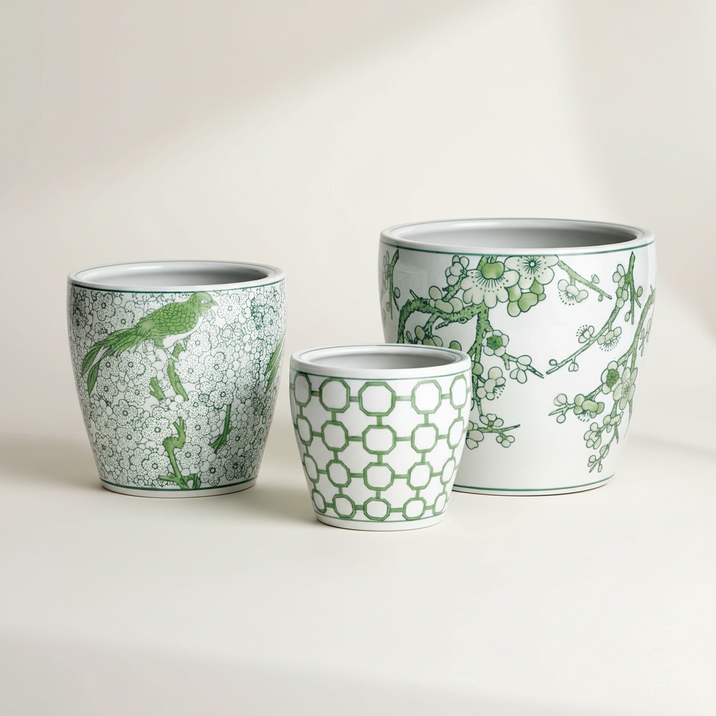 Three ceramic pots with green floral and geometric patterns on a light background