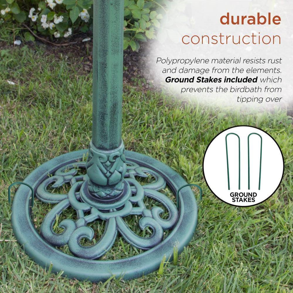 Durable construction of Antique Green Bronze Bird Bath with Pedestal Base and included ground stakes.